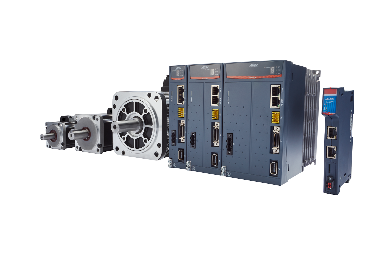 Intelligent Automation Systems now stocks Trio’s servo motor and drive package, as well as controllers including the pocket-sized Flex-6 Nano (right).